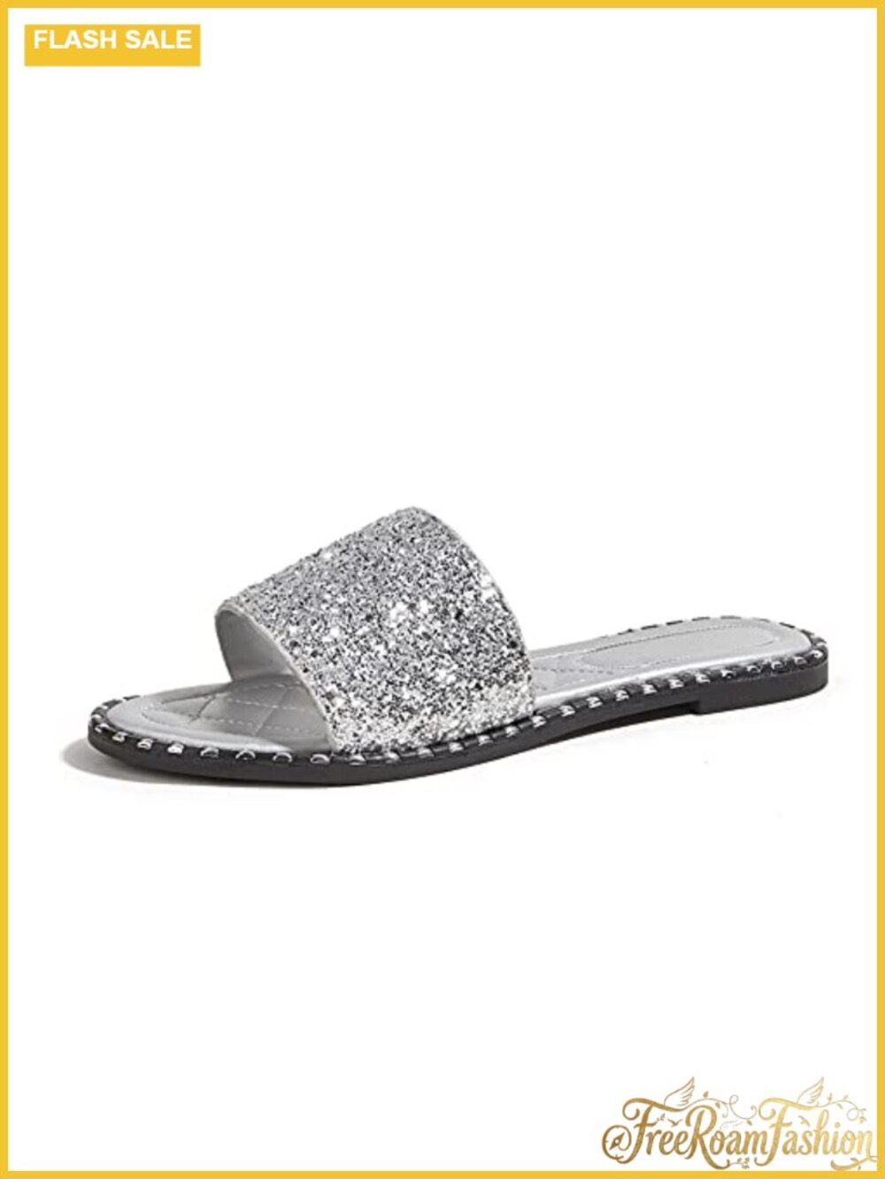 Open Toe Slide Sandals Rhinestone Glitter Faux Leather Rubber Flat Slip On